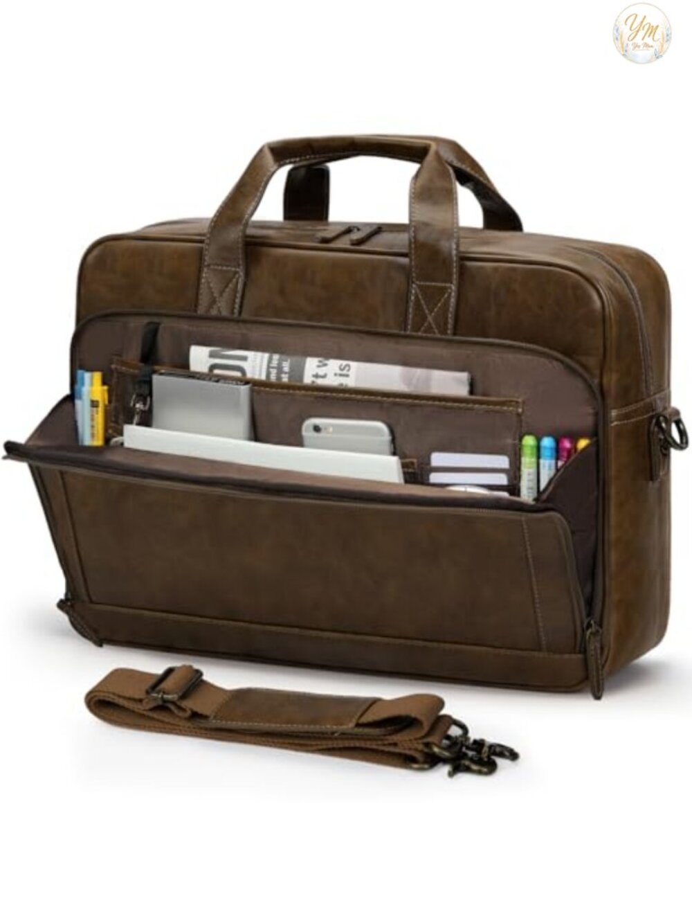 Vintage PU Leather Laptop Messenger Bag for Men, 16 Inch Briefcase with Padded